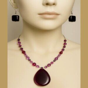 Silver Tone Layered Illusion Colorful Beaded Pendant Necklace  & Drop Earrings